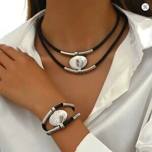 Vintage Oval Metal & Faux Leather Necklace + Bracelet Set – Double Layered Chain